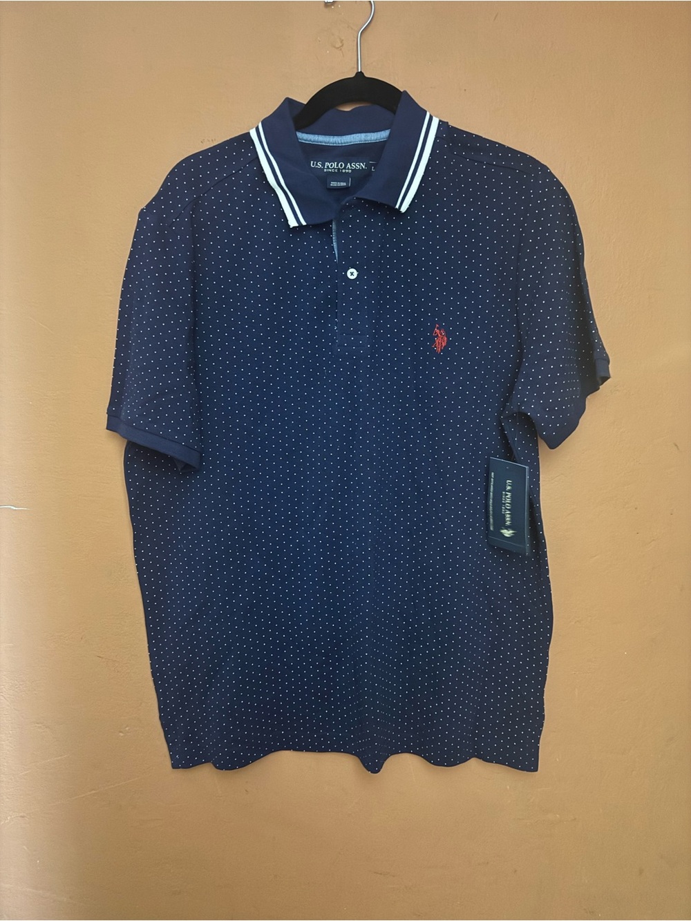U.S. Polo Assn. Navy Polo with White Micro Dot Pattern and Red Logo